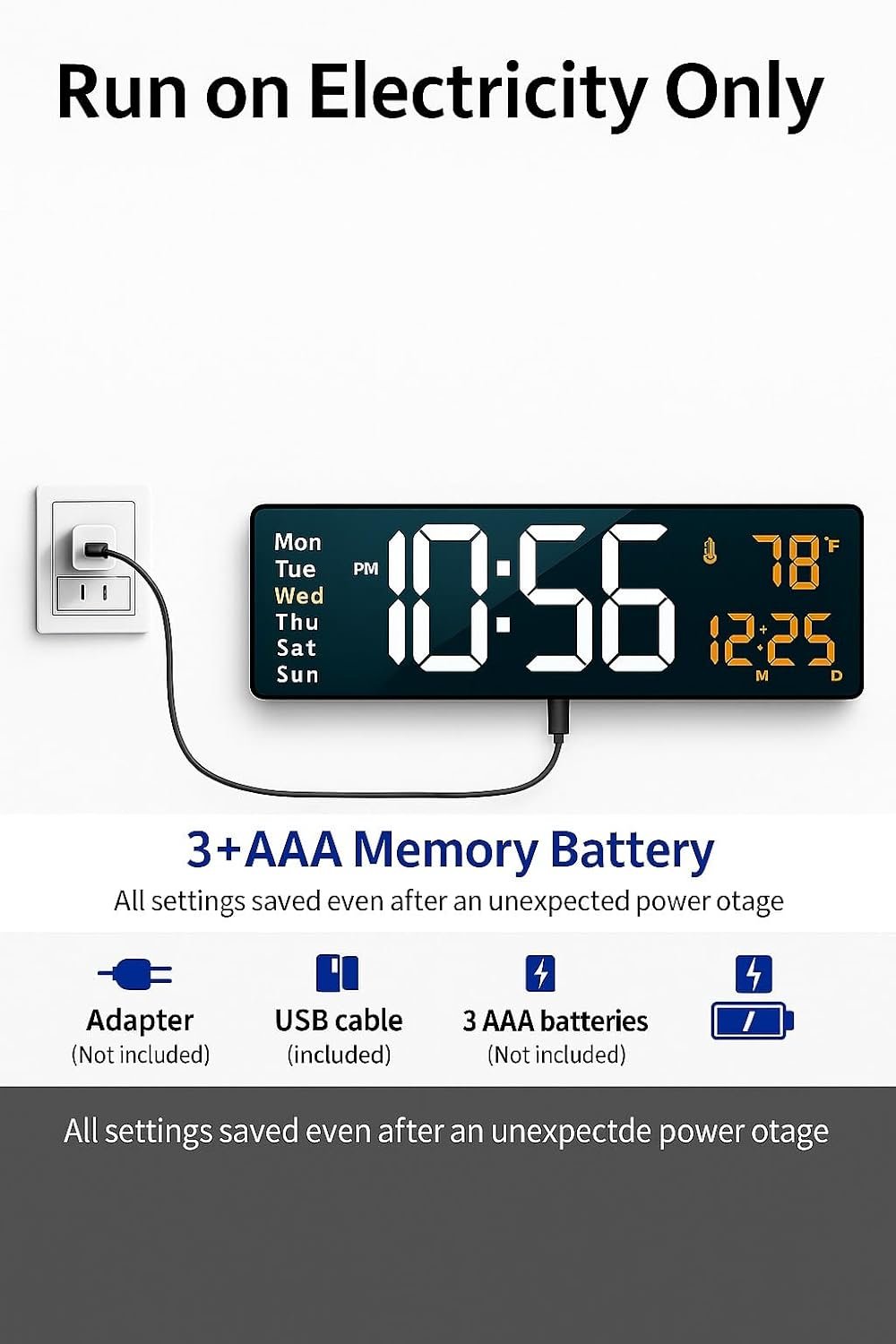 9-Inch Digital Alarm Wall Clock, Table Clock, Large LED Display, Adjustable Brightness,12/24 Hour F